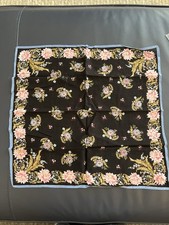 Vintage Black Handkerchief/Pocket Square Pink Flower Border Soft Cotton