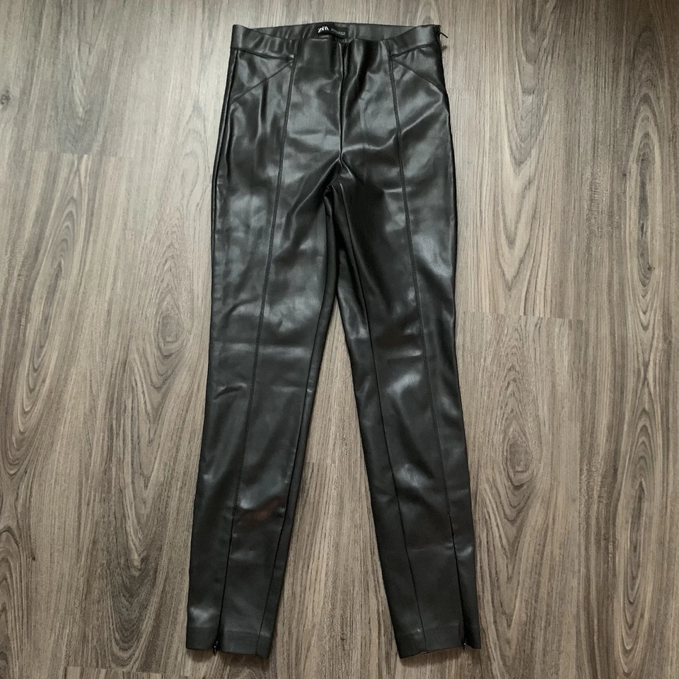 Zara Leggings Faux Leather Black Zippered Hem Ankle Slit Size Medium 28 Inseam - Image 2 of 4