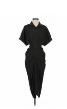 SHEIN Black Ruched Draped Midi Shirt Dress Dolman Sleeve Button Front Sz 4