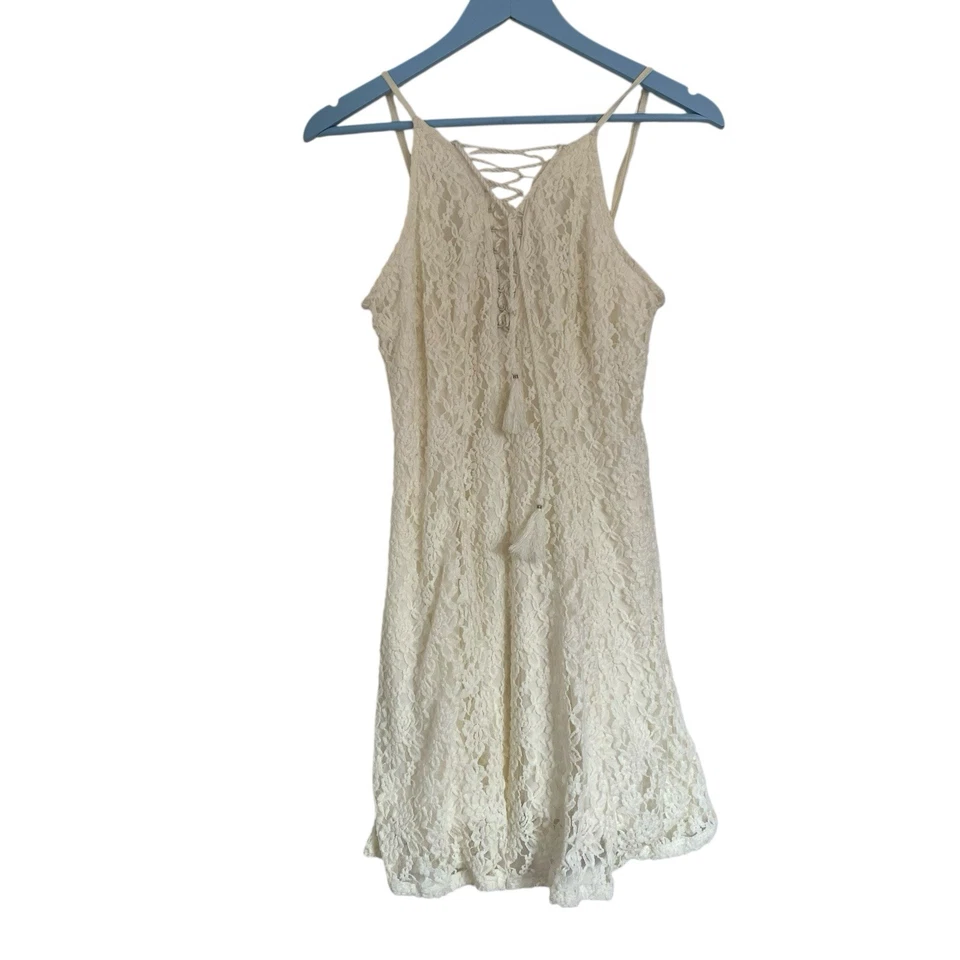 American Eagle White Lace Mini Babydoll Dress with Lace Up Front Size Medium - Image 3 of 4