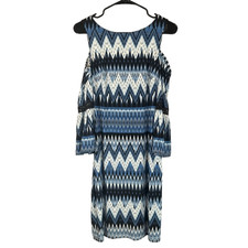 Eliza J Blue & White Geo Multicolor Cold Shoulder Flirty Dress Women Sz 8