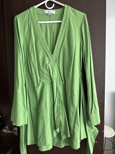L'Academie Revolve The Janeiro Mini Dress Lime Medium Wrap Kimono Sleeves Linen