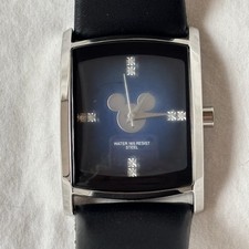 Disney Mickey Mouse Watch Black Dial Leather Strap Stainless Steel w/Tin Box