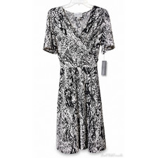 Donna Morgan Snake Print Faux Wrap Midi Dress Black White Career Sz 12 NWT