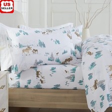 King Size Cotton Flannel Fitted Sheet Set Moose Print Soft Breathable Cozy New