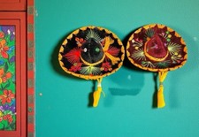2 Mexican MINI SOMBREROS 5" Charro Hats Black Purple Mariachi Party Decor Unused