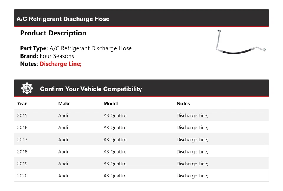 For 2015-2020 Audi A3 Quattro A/C Refrigerant Discharge Hose 4 Seasons 2016 2017 - Image 2 of 3