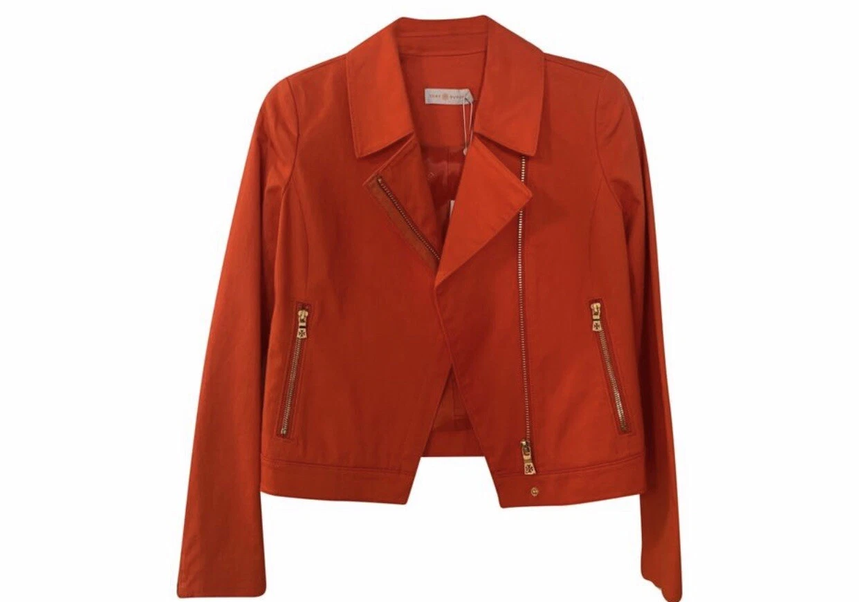 ?Giacca Moto Demi Tory Burch Taglia 12 Nuova con etichette 29832 Papavero Arancione $525 00