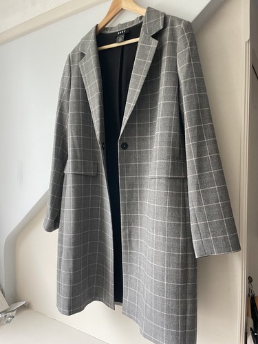Women’s DKNY Light Grey Checked Mid Length Collared Overcoat Pockets Size Large - Picture 6 of 12