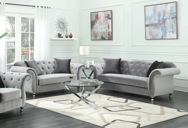 Glamorous Silver Velvet Crystal Tufted Sofa Loveseat Living Room Furniture Set For Sale Online