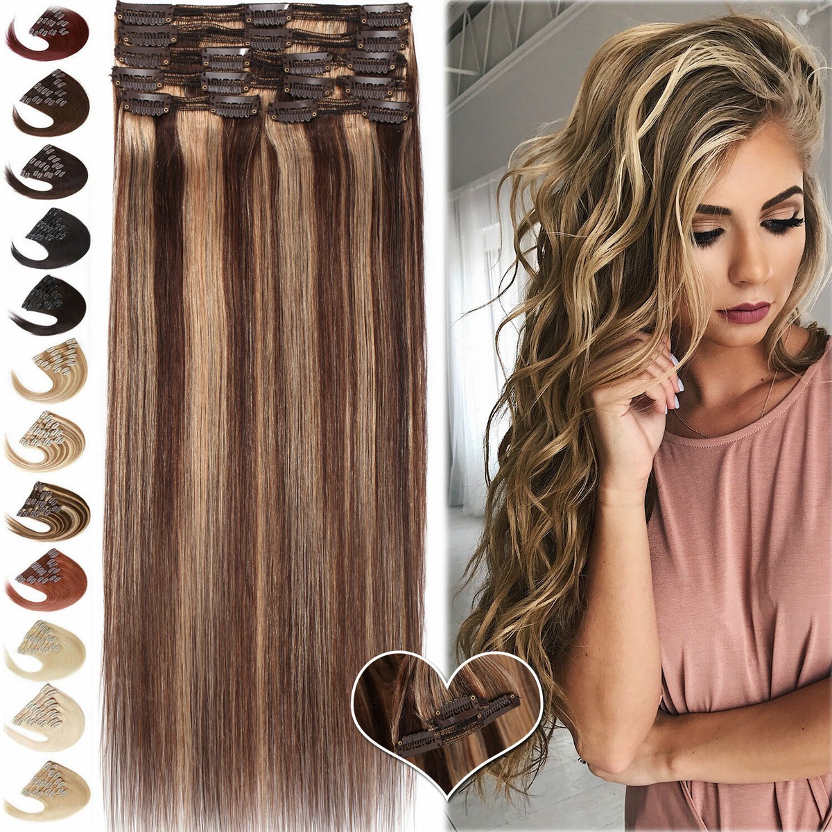 US Thick Double Weft Clip In Real Remy Human Hair Extensions 