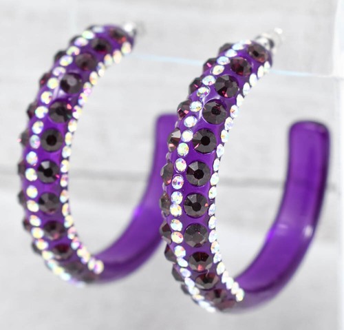 2" STATEMENT CLEAR PURPLE HOOP WITH 5 ROWS PURPLE/AB RHINESTONES HOOP EARRINGS - Picture 8 of 11