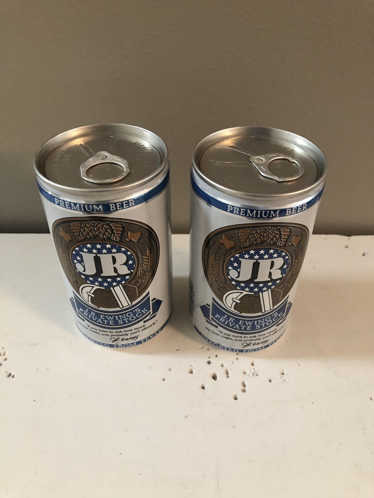TWO VINTAGE JR EWING ALUMINUM 12 OZ PULL TAB BEER CANS TABS INTACT NICE