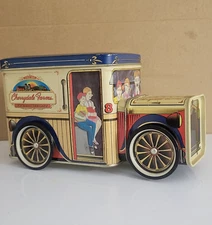 Vtg Cherrydale Farms Tin Box Coin Bank Delivery Truck Rotating Wheels