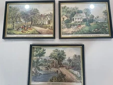 3 Antique Currier and Ives Print “The Roadside Mill” in Wood Frame 12 X 9