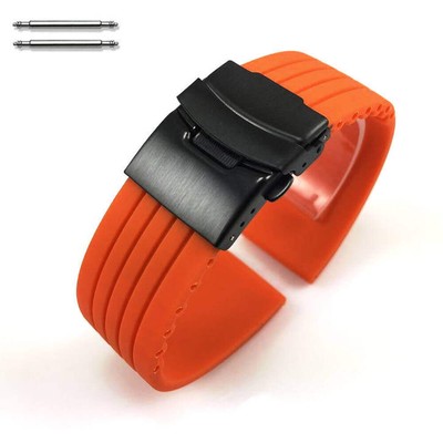 Orange Rubber Silicone Watch Band Strap Double Locking Black Steel Buckle #4014