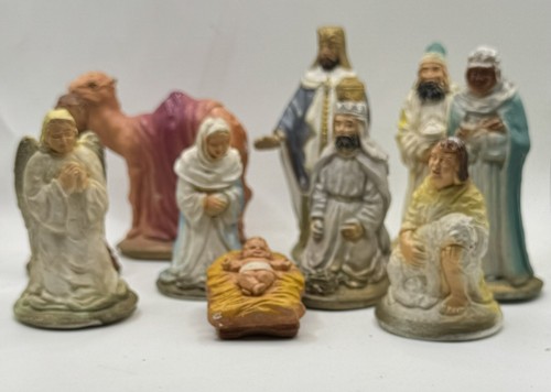 10 Antique Hand Painted Chalkware Christmas Nativity Figures Early JH Miller - Picture 2 of 13