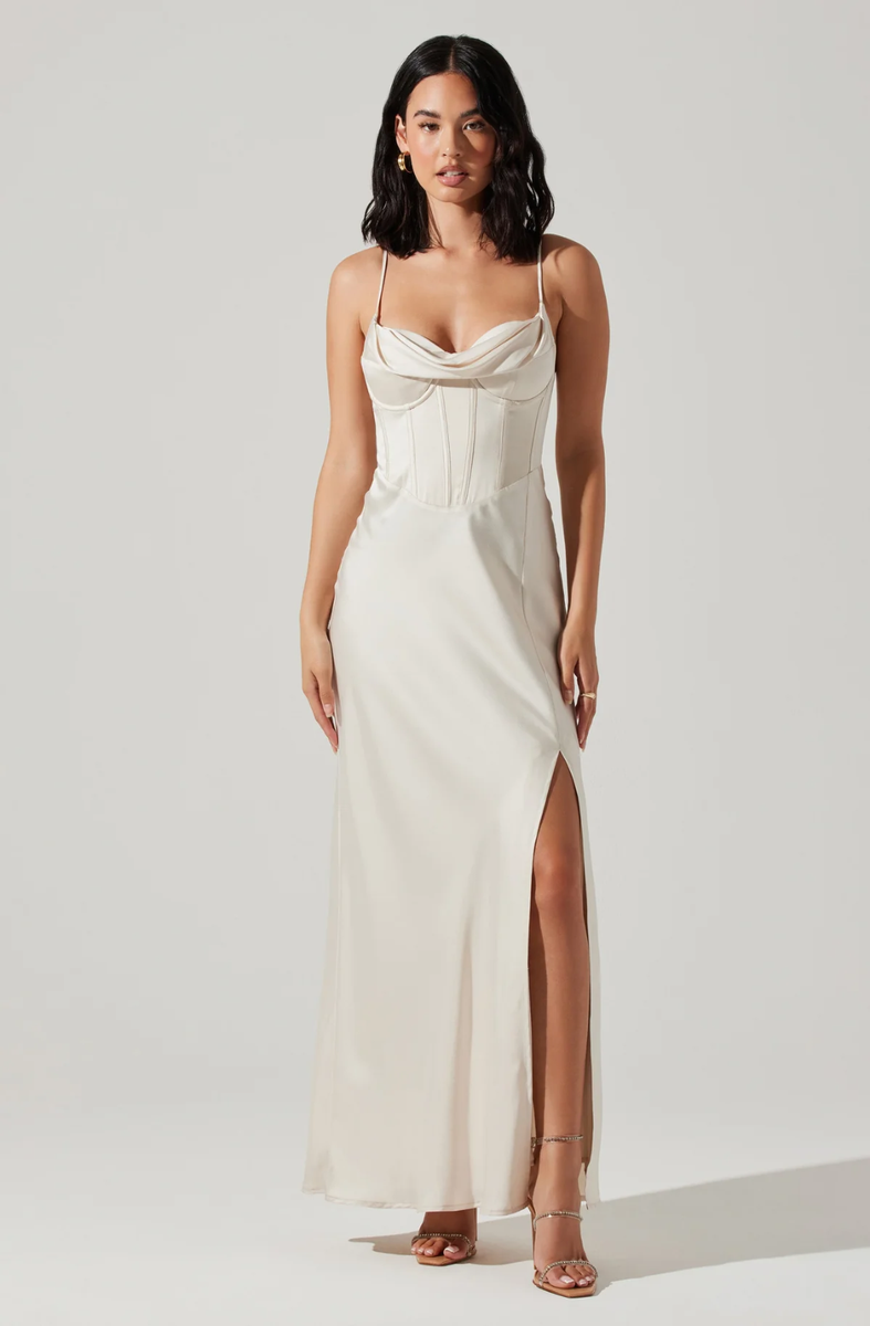 cannes satin bustier maxi dress ASTR The Label | Cannes Satin Bustier Maxi Dress in Champagne