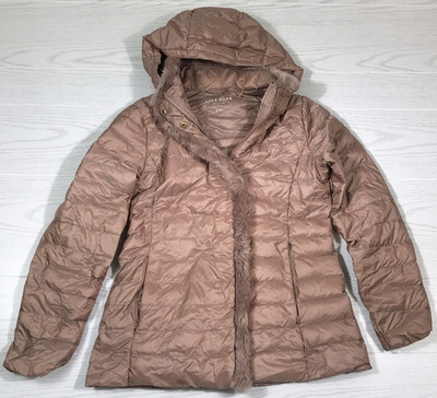 Cole Haan Down Puffer Parka Jacket Women Medium Pink Hooded Full Zip Lightweight