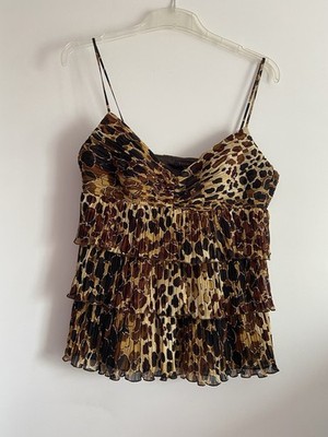 Neu Escada Leopard Cheetah Print 100% Seide gestreifte ärmellose Bluse Gr. 36 