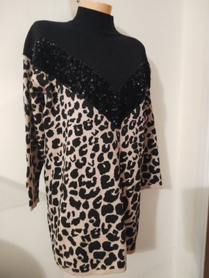 Vintage Ciminy Paris Sequined Leopard Print Longline Jumper Size 10-12 1990s