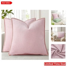 Modern Farmhouse Style Chenille Pillow Covers 18x18, Set of 2 in Soft Blush Pink