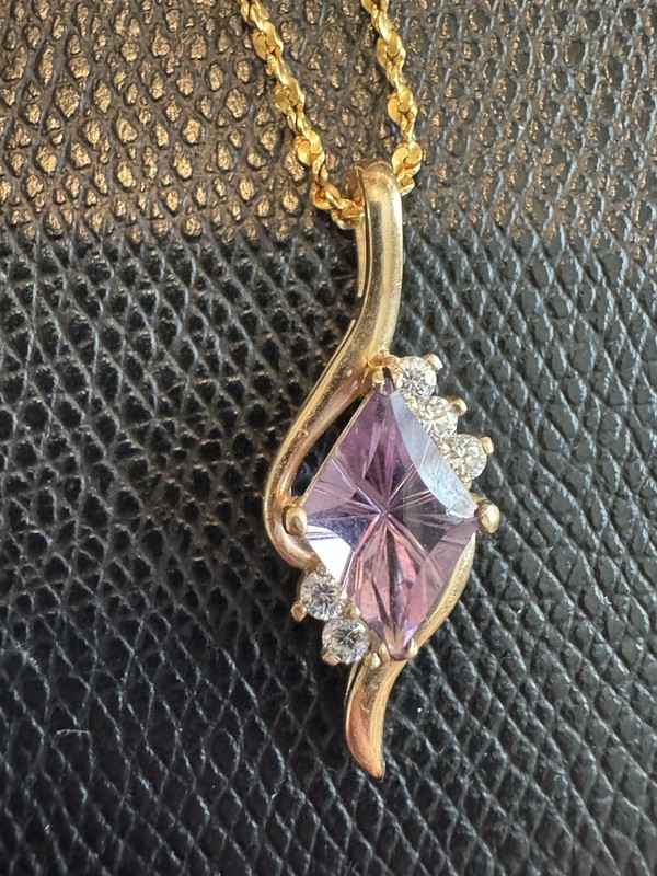 14k Gold Lozenge shape starburst cut Amethyst Slide Pendant Modern w/CZ accents