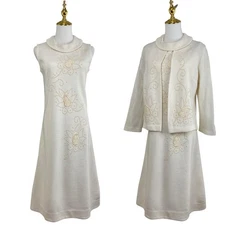 Vintage 60s MOD Knitmakers Ivory Knit Beaded Wiggle Dress & Jacket Set Size S