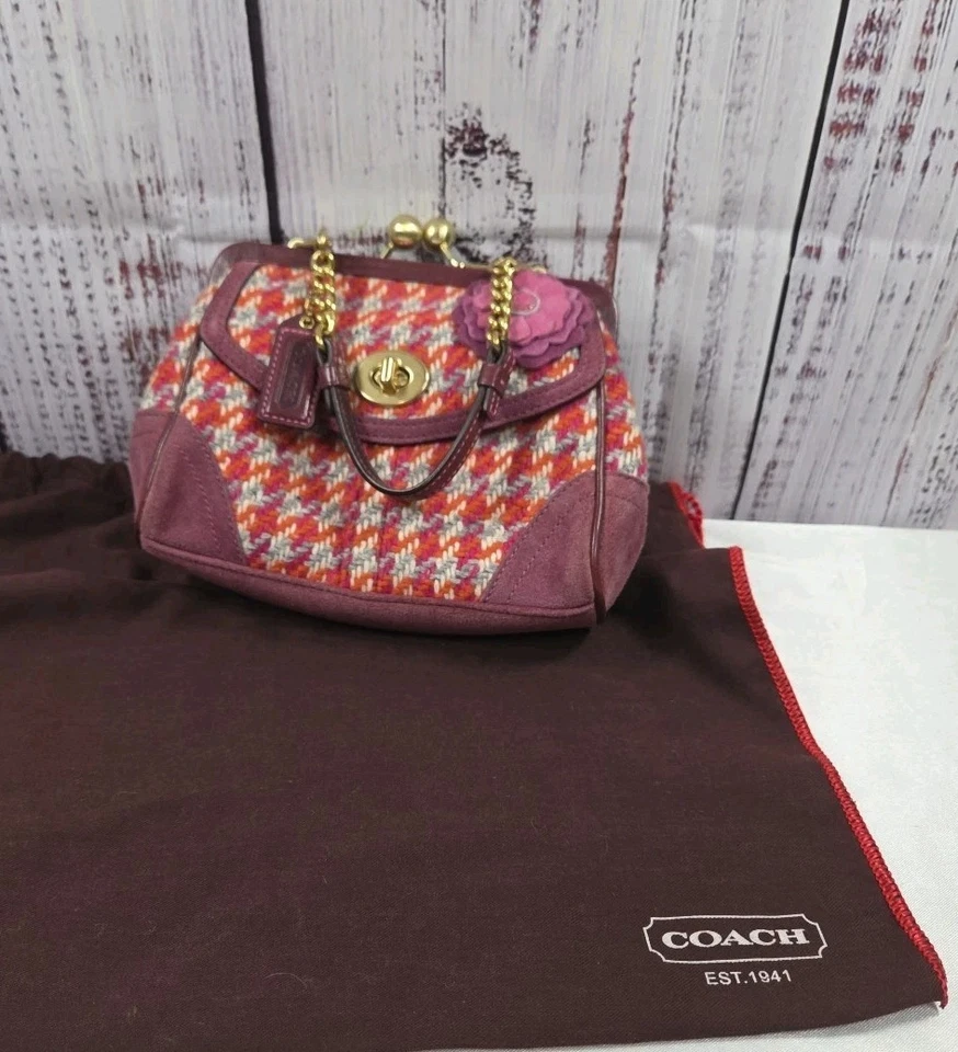 BOLSO COACH VINTAGE PATA DE GALLO TWEED GAMUZA Y2K BLOQUEO DE BESO CORREA DE ESLABONES DE CADENA Y2K Foto 4 de 4