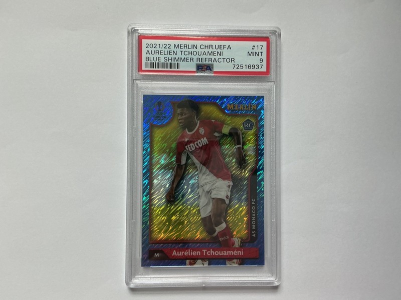 2021-22 Topps Merlin Chrome Aurelien Tchouameni Blue Shimmer Refractor /75 PSA 9