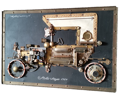 Vintage handemade Relief Sculpture Rolls Royce 1907 signiert 1971