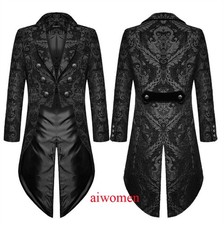 Vintage Mens Gothic Steampunk Tailcoat Jacket Black Brocade Damask Wedding Coat