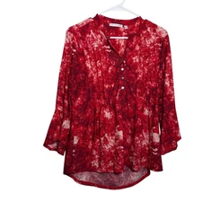 Notations Blouse Women's Medium Red V-Neck 3/4 Sleeve Popover Printed Top
