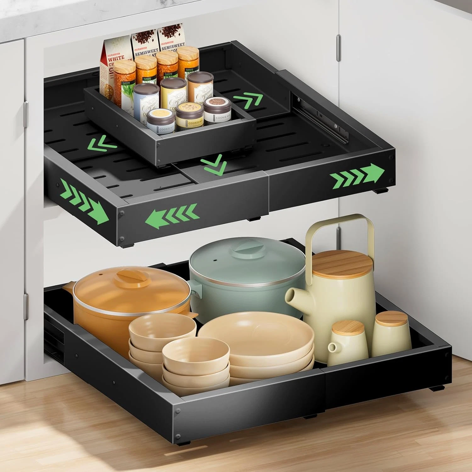 Expandable Pull Out Cabinet Organizer, 2 Pack, No Drill Adhesive Drawers