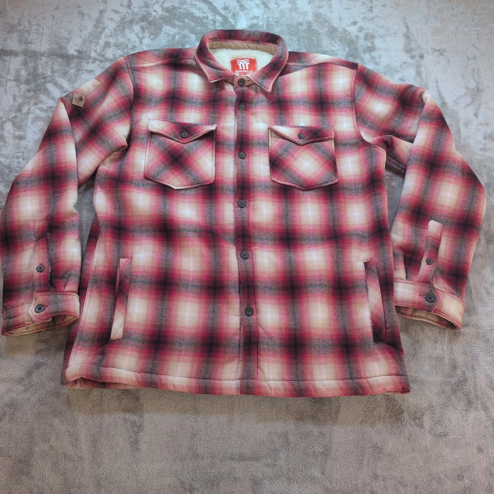 Fenchurch Sherpa Shacket Plaid Fleece Lined Red/White Check Size XL Button Down
