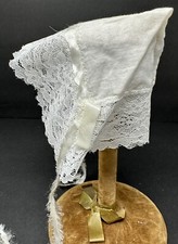 Vintage Doll White Hat Bonnet with Lace Trim  Ribbon