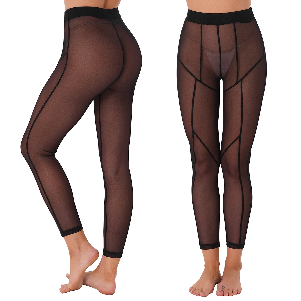 Womens See-through Leggings Stretchy High Waist Sheer Pants Sportwear  Clubwear