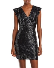 Aqua Shine Flutter Sleeve Open Back Mini Dress Black XS