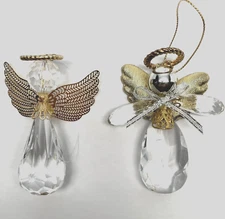 Two Vintage Acrylic Crystal Prism Angel Ornaments with Gold Wings, Halos