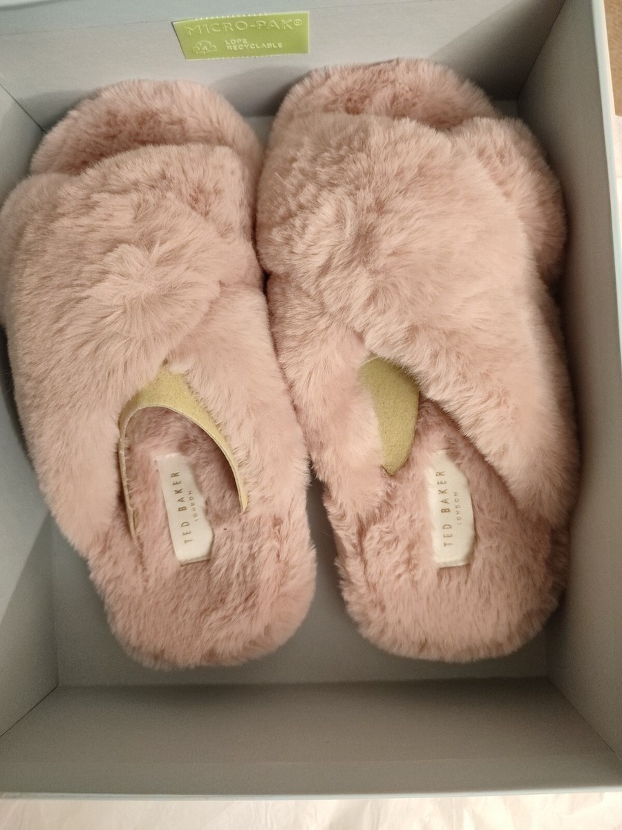 Ted Baker Dusty Pink Faux Fur Cross Over Slippers Lopply UK EU 36 BNIB
