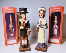 Vintage Thanksgiving Pilgrim Couple At Harvest Time Candle Holders 9” with Box