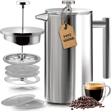 Utopia Kitchen Stainless Steel French Press Coffee Maker 34 Oz 1 Litre