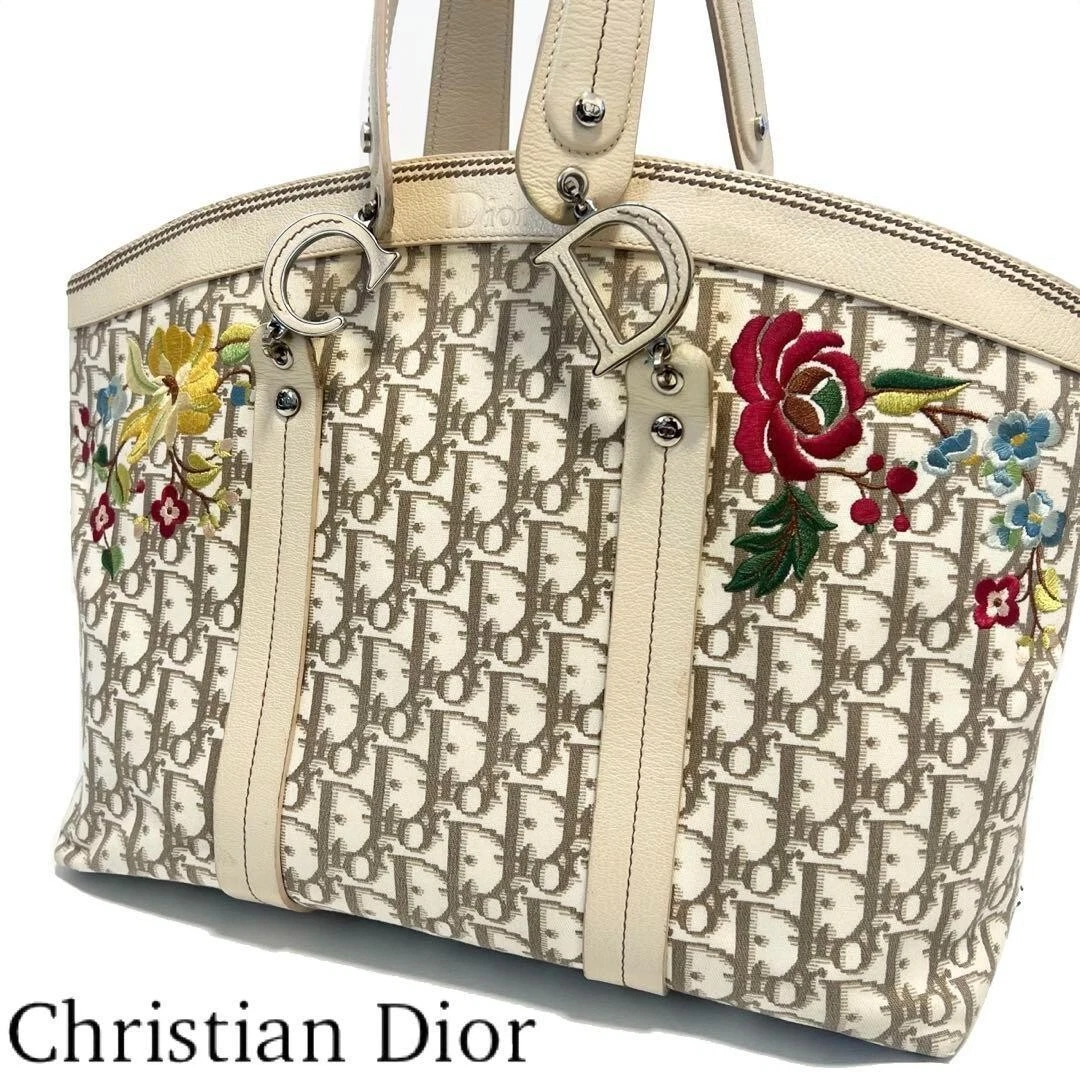 Sac à main Christian Dior fourre tout trotteur toile fleurie x cuir authentique France
