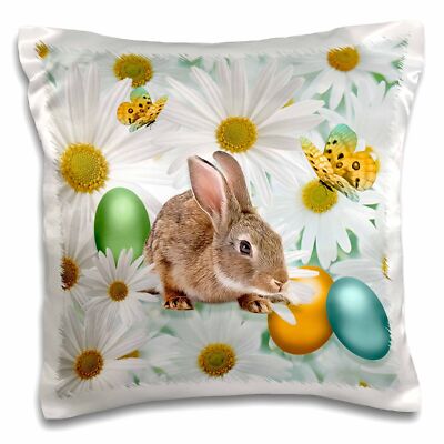 3dRose Easter Bunny Daisy Garden with Colored Eggs and Butterflies 16x16 inch Pi
