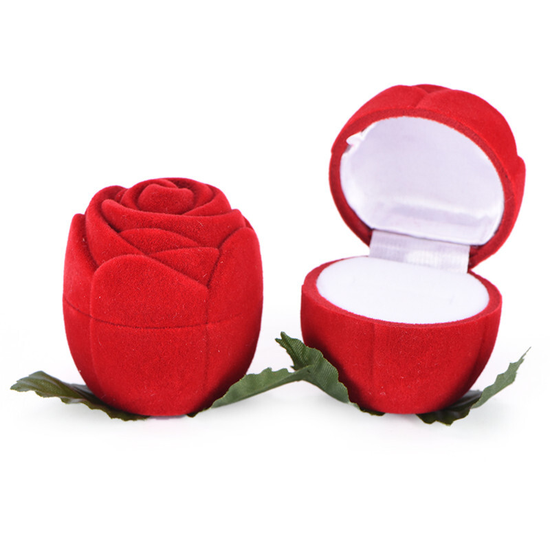Red Rose Flower Velvet Jewelry Storage Box Engagement Ring Display Case