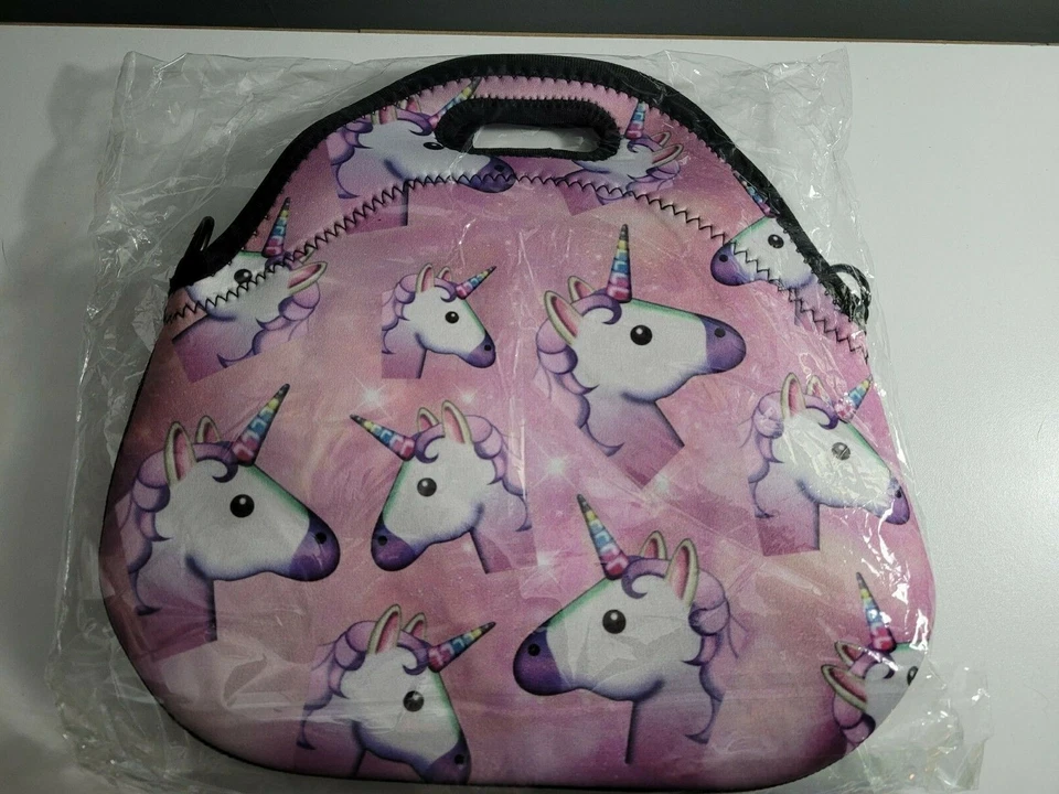 Bolso de mano de almuerzo aislado de neopreno rosa unicornio con correa de bolsillo Foto 2 de 2