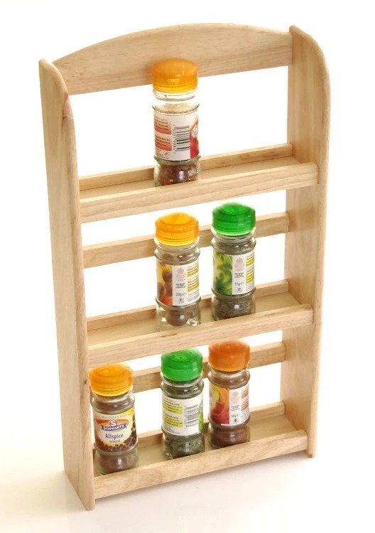 New 3 Tier Hevea Wood Wooden Herb Spice Rack Jar Holder Stand Wall Mounted Herbs