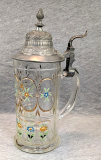 Antique German 1903 Engraved Hand Floral Painted Clear Glass Lidded Beer Stein