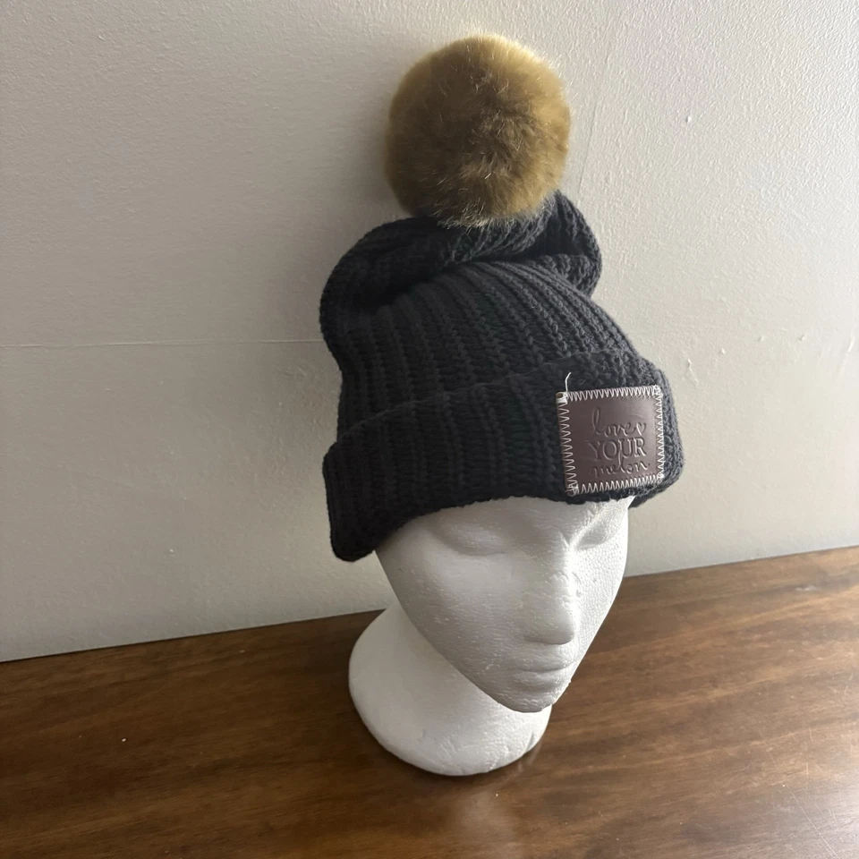 NEW Love Your Melon Womens One Size Hat White Cotton Knit Beanie Black Pom - Image 3 of 4