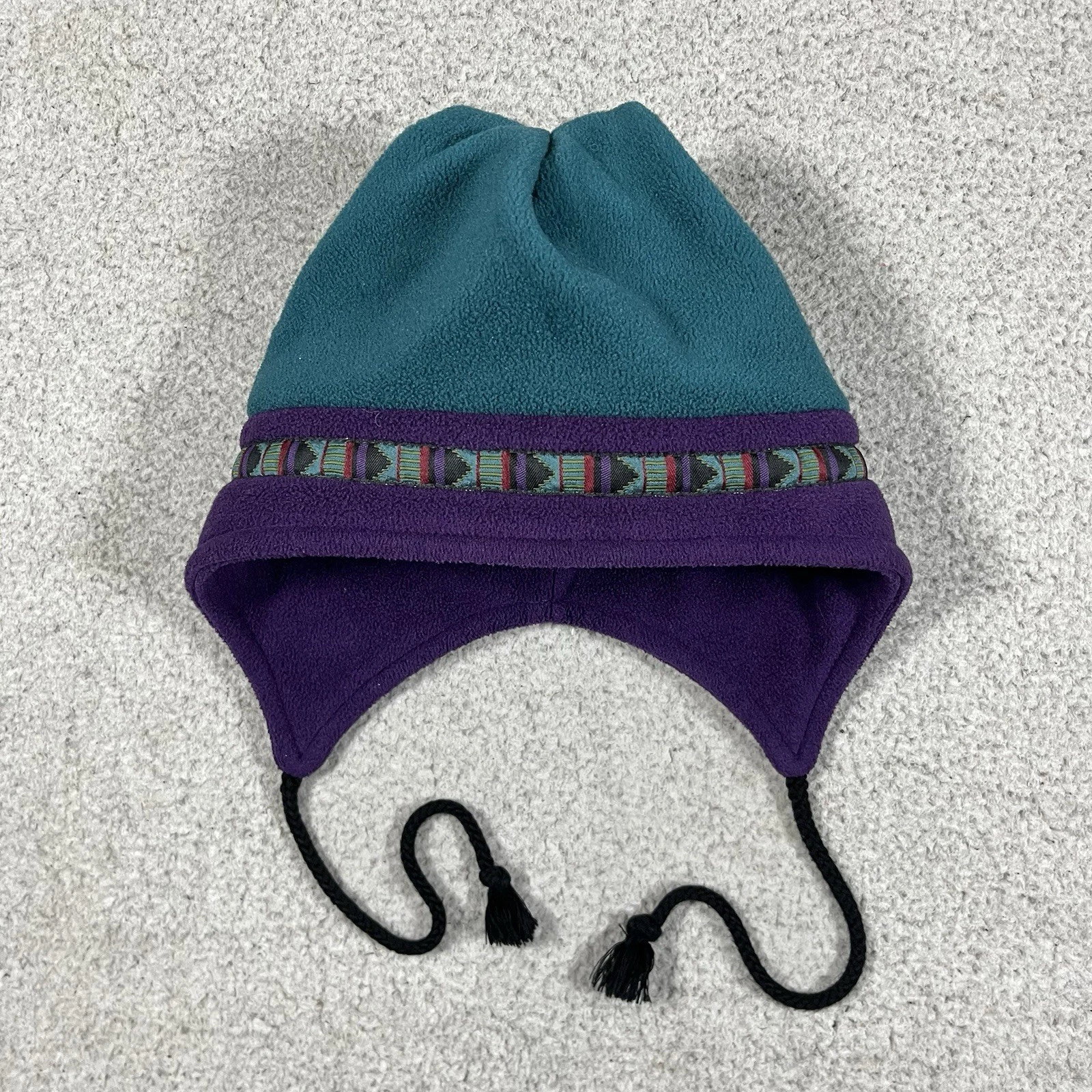LL Bean Fleece Hat Beanie Adult L/XL Blue Purple Aztec Ski Vintage Made USA